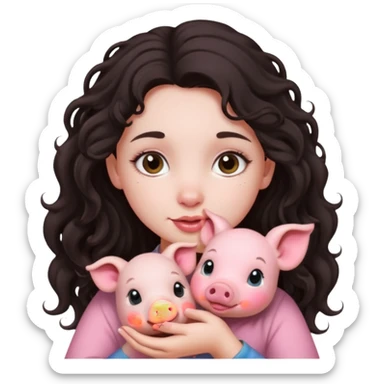 Ragazza bellissima capelli lunghi scuri con piccolo maialino sticker