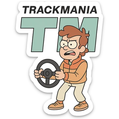 logo with the word 'Trackmania' above a large 'T' and 'M', both split vertically down the middle, modern flat-toon style sticker