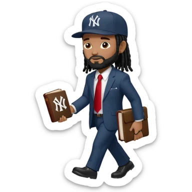 African American man with shoulder length black dreadlocks with black beard wearing a New York Yankees logo baseball cap wearing a suit with red tie walking to the right holding a Holy Bible sticker