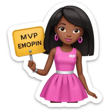 Black barbie, short  black bob  hair, pink dress with a sign that says mvp sticker