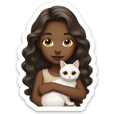 Tan girl with dark brown long wavy hair holding a white cat sticker