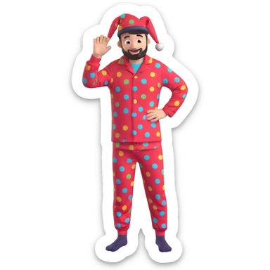 Redesign the psychiatric clinic patient character to look less childish and more like a funny adult. Keep the #6fe8f3 pajamas, add a quirky adult face with stubble or messy hair, and maintain humorous details like mismatched socks or a silly hat. Avoid a childish look. Maintain the playful 3D style. sticker