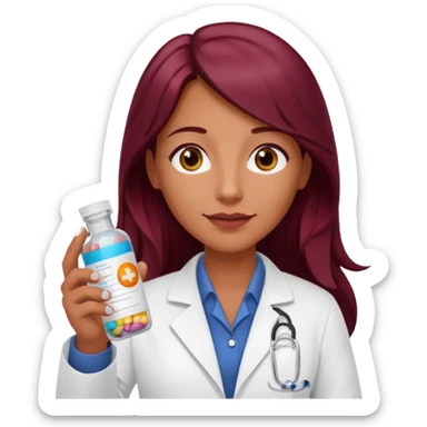 pharmacist with tanned skin and long burgundy hair holding prescription bottle pills sticker