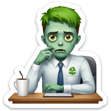 office zombie clerk with green skin looking tired and waiting for a coffee break sticker