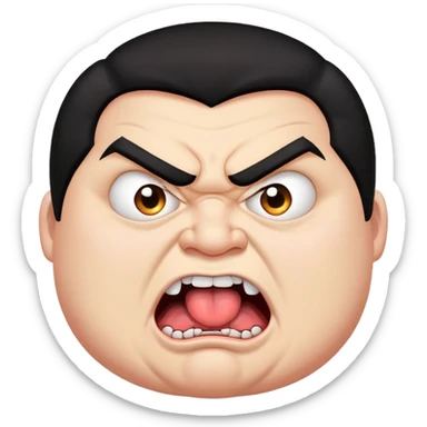 young angry fat man in profile view with black hair, fangs, crossed eyes, long tongue sticking out sticker