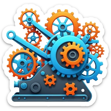 A whimsical content factory powered by AI, where ideas are turned into digital masterpieces, gears and conveyor belts moving with glowing social media icons, futuristic and colorful. sticker