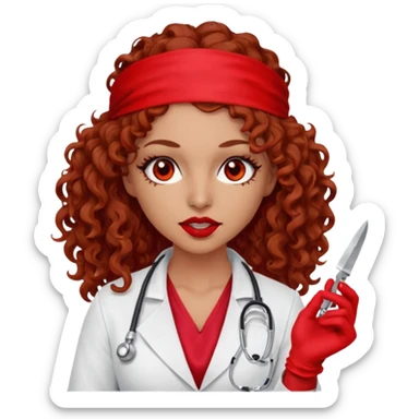 Lilith scalpel in hand, evil surgeon sexy surgeon clothes.  She has red eyes.Her  brown long curly hair. Wears sexy doctor outfit with red gloves. Hides mouth necknose with red bandana to hide her identity. Hair is long and brown sticker