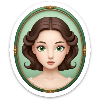 Cinema Realistic Ballerina Portrait, with porcelain-like skin featuring a natural rosy flush, illuminated by soft lighting that highlights the gentle contours of her face. Her Brunette hair flows in soft.Her deep green light eyes radiate framed by arched brows and long lashes. sticker