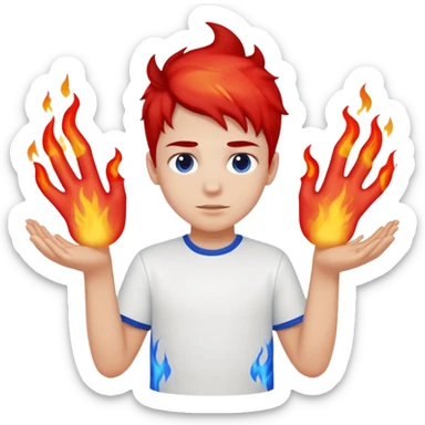 A boy with no hands fire instead made out of red fire and ,blue fire only on a white shirt that the boy is wearing  sticker