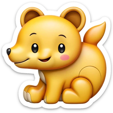 A wooden puzzle animal character with interlocking pieces and a happy expression sticker
