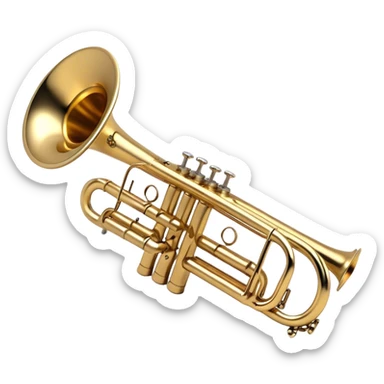 Create a sleek and professional emoji representing a Stomvi trumpet. The design should showcase the shiny, polished brass body of the trumpet with its distinct bell, valves, and tuning slides. Highlight the intricate keywork and the valve pistons, with detailed metallic accents and subtle reflections on the surface. The mouthpiece should be visible at the top of the instrument. Use golden and brass tones with light reflections to emphasize the smooth, high-quality finish. Add a few musical notes floating around the trumpet to evoke its bright and resonant sound. The background should be transparent. sticker