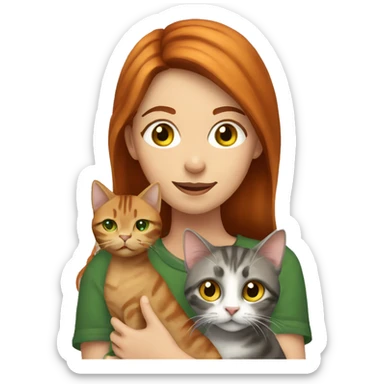 red haired girl with green eyes holding a brown and gray tabby cat with yellow eyes sticker