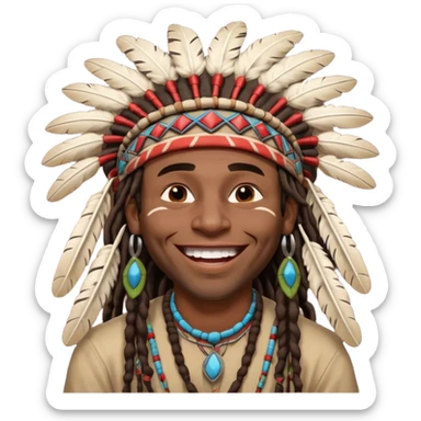 Black American man dark brown with dreads with a American Indian headdress with a laughing hard sticker