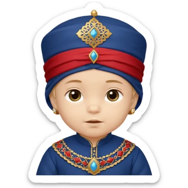  Caucasian baby boy dressed in a dark blue ghalibiya with delicate decorations with a Red Moracain hat  sticker