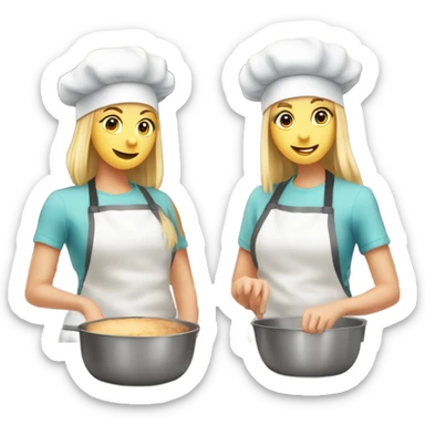 To teenage girls are blonde and a brunette baking they’re wearing baking hats and standing beside each other. One is whisper in a bowl and the other is baking something else. sticker