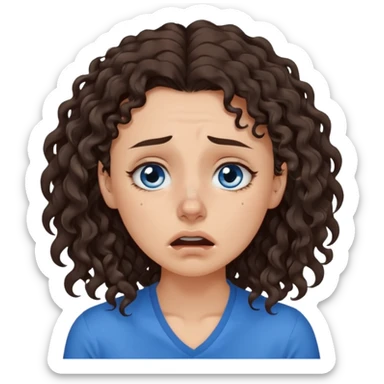 white young pretty woman long dark brown CURLY hair, with a blue shirt, in despair crying, brown eyes, septum nose piercing sticker