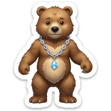 Fierce brown bear walking on four paws with an ice chain necklace, frozen chain links made of crystal clear ice, serious face sticker