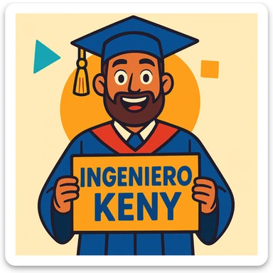 un graduado universitario barbudo con birrete y toga, mostrando un letrero que dice INGENIERO KENY, estilo cartoon vibrante, colores vivos, fondo claro sticker
