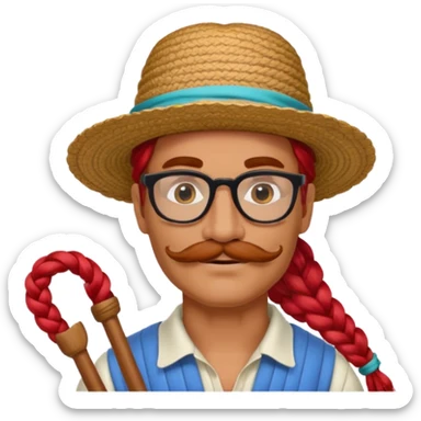 venice gondolier with long red braided hair, iconic hat, normal glassess and mustache sticker