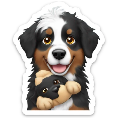 Australian shepherd in black tri coloring holding a stuffed animal sticker
