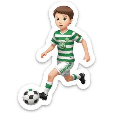 Celtic footballer jersey logo  6 years old brown hair white boy , brown eyes , stripes uniform , RUNNING  with soccer ball # 17 celtic football logo PUT ONLY ONE LOGO ONE CELTIC LOGO ONLY white shorts sticker