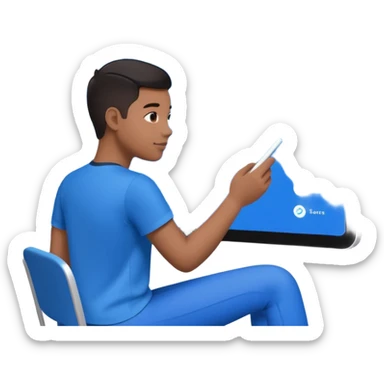 Create an image of an AI coach helping people set goals based on their hobbies. Show a person chatting with the AI, where the screen displays a list of steps and goals. Add elements of progress and personalization. Use a color palette that is associated with technology and innovation. sticker