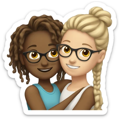 Tan girl with glasses and locs hugging a white girl with brown wavy hair sticker