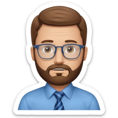 white-man-businessman-with-beard, brown hair, glasses, blue shirt, tie sticker
