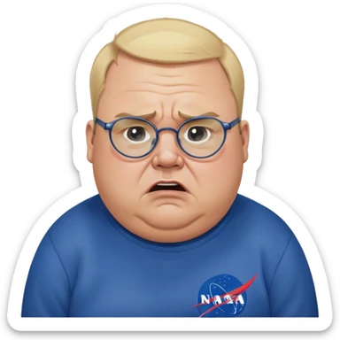 angry fat man, crying like a kid,  blond short and hight receding hairline, wearing a dark blue sweatshirt, nasa logo on the sweatshirt, round glasses without frame, 40 years old sticker