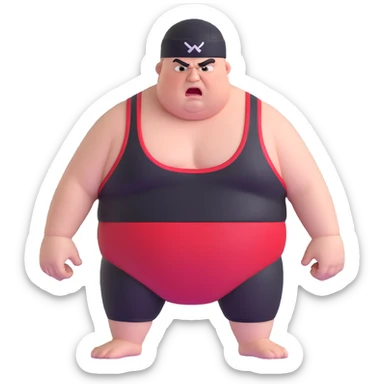 Close-up of white skin fat guy no muscle with prominent black durag, completely shaved face, no beard or mustache, black eyes in a red and black wrestling singlet with angry face sticker