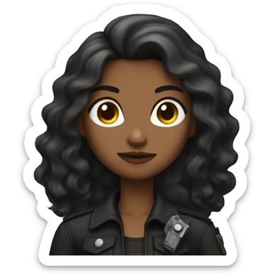 Woman with brown long hair, siren eyes, and a gun, wearing all black sticker