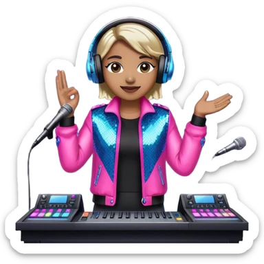 Create a vibrant and modern emoji that represents pop or stage vocal performance. The design should feature a high-quality microphone, a stage monitor, and a sound mixing console to symbolize the professional setup used in pop vocals. Add elements like studio headphones, a soundboard with sliders, and an elegant stage costume (e.g., a flashy jacket or sequined outfit) to reflect the glamorous side of pop performance. Use energetic colors like neon pink, electric blue, and silver to convey the dynamic, high-energy nature of pop and stage singing. The background should be transparent. sticker