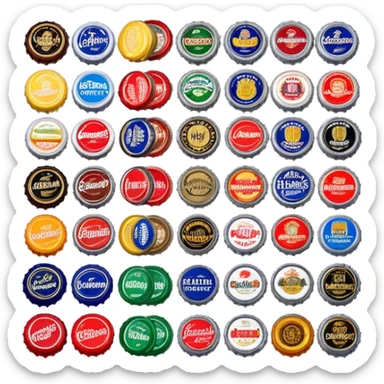 Icon for Beer Cap Collecting: a collection of colorful beer caps from different brands, arranged neatly on a table or in a display case. The icon should reflect the variety and charm of beer cap collecting. Transparent background. sticker
