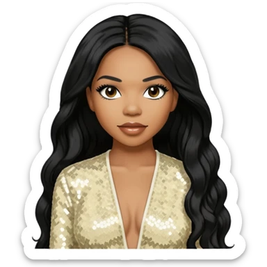 Tenitra Michelle Williams (b.1979), R&B Singer from Destiny's Child with long black hair, ivory sequin outfit, medium dark skin sticker