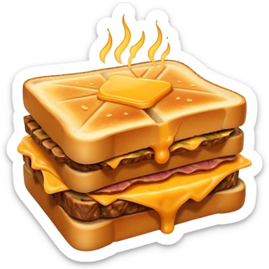 kavurma meat toasted sandwich object icon, grilled toasted bread, sautéed Turkish kavurma beef filling, melted cheese, juicy meat texture, golden brown crust, warm steam rising, 3D cartoon, mobile game icon style, centered, clean background, no text, no watermark sticker