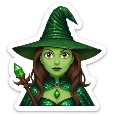 Wicked Witch of the West from the Wizard of Oz with long brown hair, dark green sequin outfit, green skin sticker