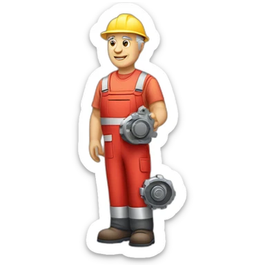 Industrial professional senior mechanical assembler working on the assembly of heavy machinery with a red outfit sticker