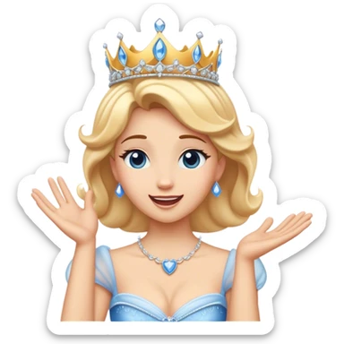 Cinematic Playful Cinderella Portrait Emoji, Blushing with excitement, hands clasped near her heart, eyes wide with anticipation, her tiara slightly askew from an unexpected twirl, a radiant princess caught in a moment of joy, utterly captivating! sticker