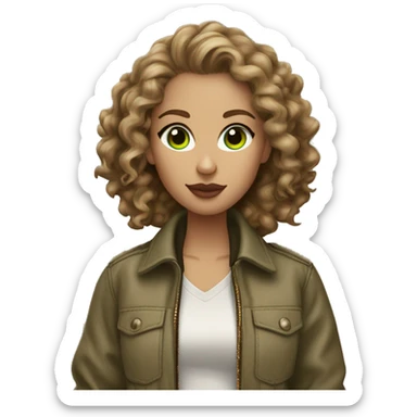 a girl with light brown curly hair, green eyes, plump beige lips. dressed in a khaki bomber jacket and brown leopard print jeans. sticker