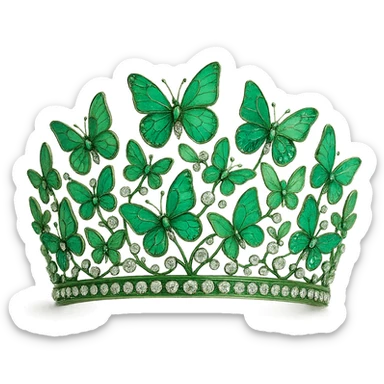 butterfly crown with a green base, butterflies in various green enamel shades, sparkling gems sticker