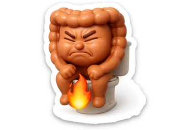 SU QUESTO STILE FAI UN EMOJI STILE IPHONE 3D DI UN INTESTINO CHE sta seduto sul wc e dal wc in mezzo alle sue gambe esce una fiamma stile emoji iphone, FAGLI UN ESPRESSIONE di dolore mentre si sforza E FALLO MOLTO REALISTICO IN 3D sticker