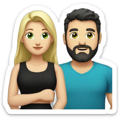 A blond chubby girl with blue eyes and black haired and bearded man with green eyes. The man wears a black t-shirt. The woman is wearing a black skirt and a blue shirt sticker