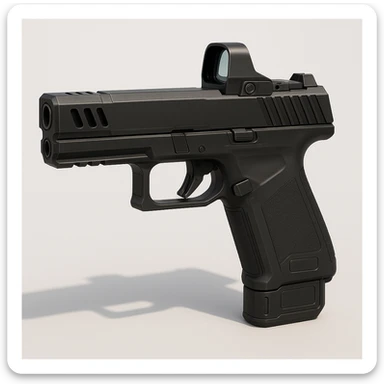photorealistic 3D render of a compact futuristic handgun, matte-black, angular slide, low-profile reflex sight, polymer frame, extended barrel with compensator, vent ports, minimal controls, magnetic slide lock, futuristic magazine well, smart sensor panels, neutral side view, white or grey background, soft shadow, modern tactical sci-fi style sticker