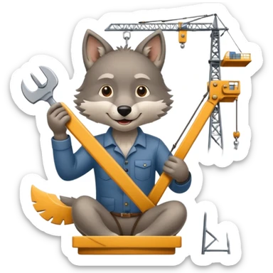  a joyful gray wolf sits on a tower crane and holds a saw in his hands sticker