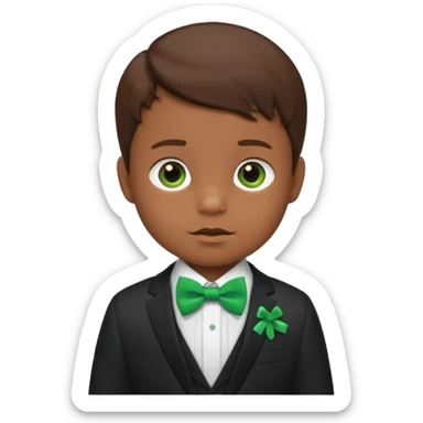 baby boy brown hair in suit, with green bow sticker