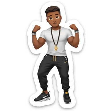 Handsome Black guy with brown skin tone, with muscular build, wearing black sweatpants, a white t-shirt, black Nike air max, a small rope chain, and a watch  sticker