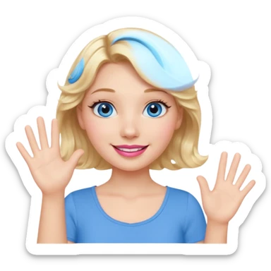Girl Blonde short wavy hair,  blue eyes, cute blue top, long lashes, pink lips, smiling, waving hello  sticker