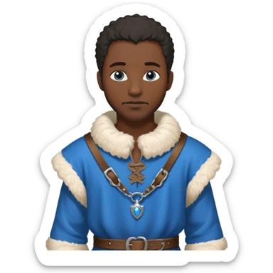 medieval outfit worn by a DnD themed fantasy character. basic rough-spun tunic with a fur-lined collar and a leather strap across the chest. clothes only above the waist. The clothes full waist. The character's haven't arms. character is bald, blue eyes, blacked-skinned man. sticker