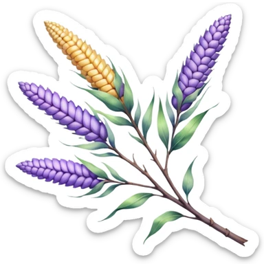 The art style is clean line art with delicate watercolor textures, pastel colors, and a dominant palette of lavender, soft lilac, and muted purple. Let the branch be more elongated and have short branches on it like ears of corn. sticker