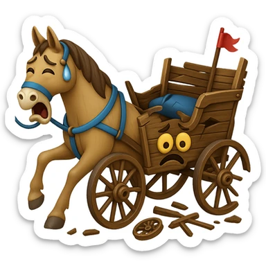 Make the horse cart look broken and add funny, exaggerated emoji expressions to the horse and cart. Keep the style consistent. The style is emoji style. Keep the background transparent. sticker
